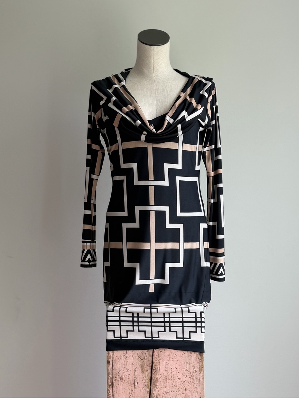 Analili Black & Beige Geometric Cowl Neck Tunic